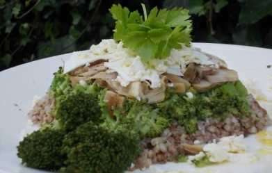 Brokolicová pohanka s kuřecím masem a balkánem